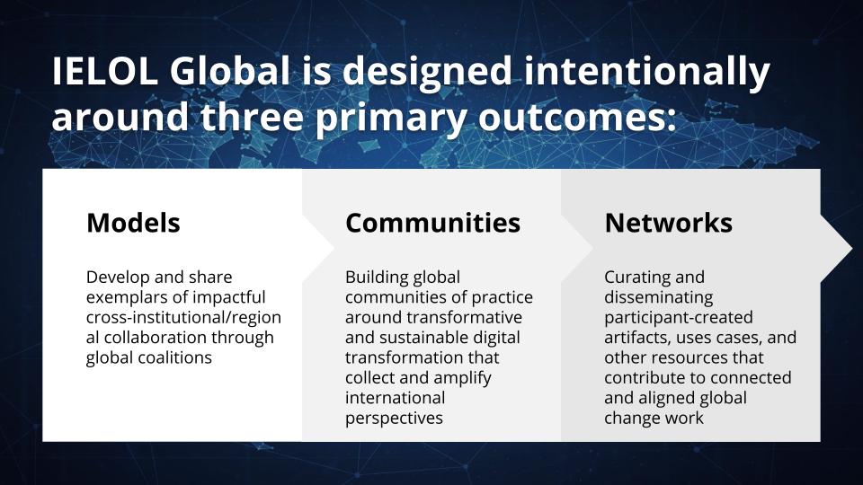 IELOL Global is designed intentionally around three primary outcomes:  Models: Develop and share exemplars of impactful cross-institutional/regional collaboration through global coalitions Communities: Building global communities of practice around transformative and sustainable digital transformation that collect and amplify international perspectives Networks: Curating and disseminating participant-created artifacts, uses cases, and other resources that contribute to connected and aligned global change work