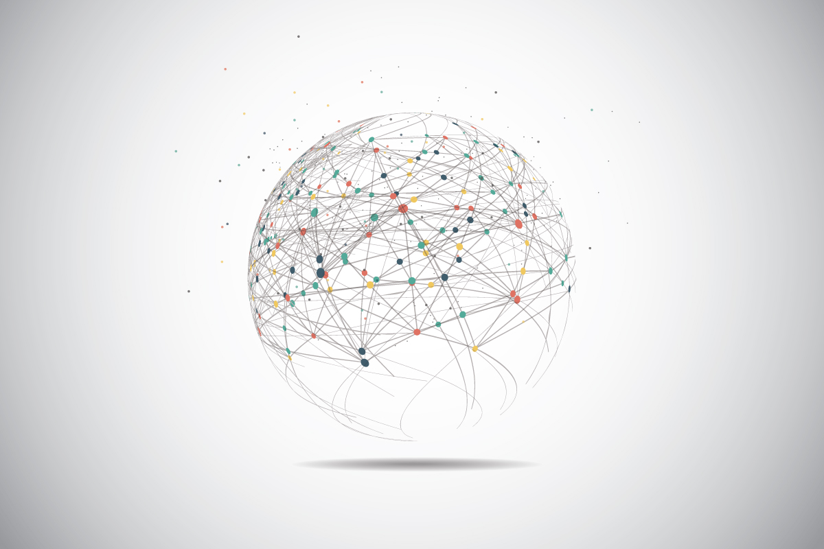 Illustration of a globe-like sphere with connected, colorful nodes holding it together.